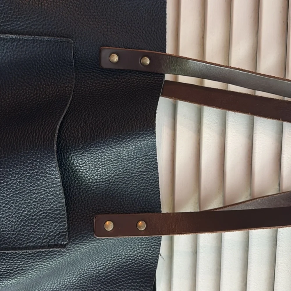 Calma Pebbled Leather Unlined Elegant NavyTote w/Brown Leather Straps - Picture 3 of 7
